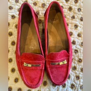 UGG Red Suede Loafers with Gold Zipper